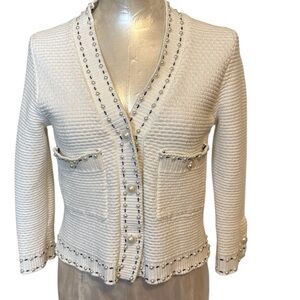 Belle Betty White Textured Knit Pearl Trim Lady Jacket Cardigan Size S/M